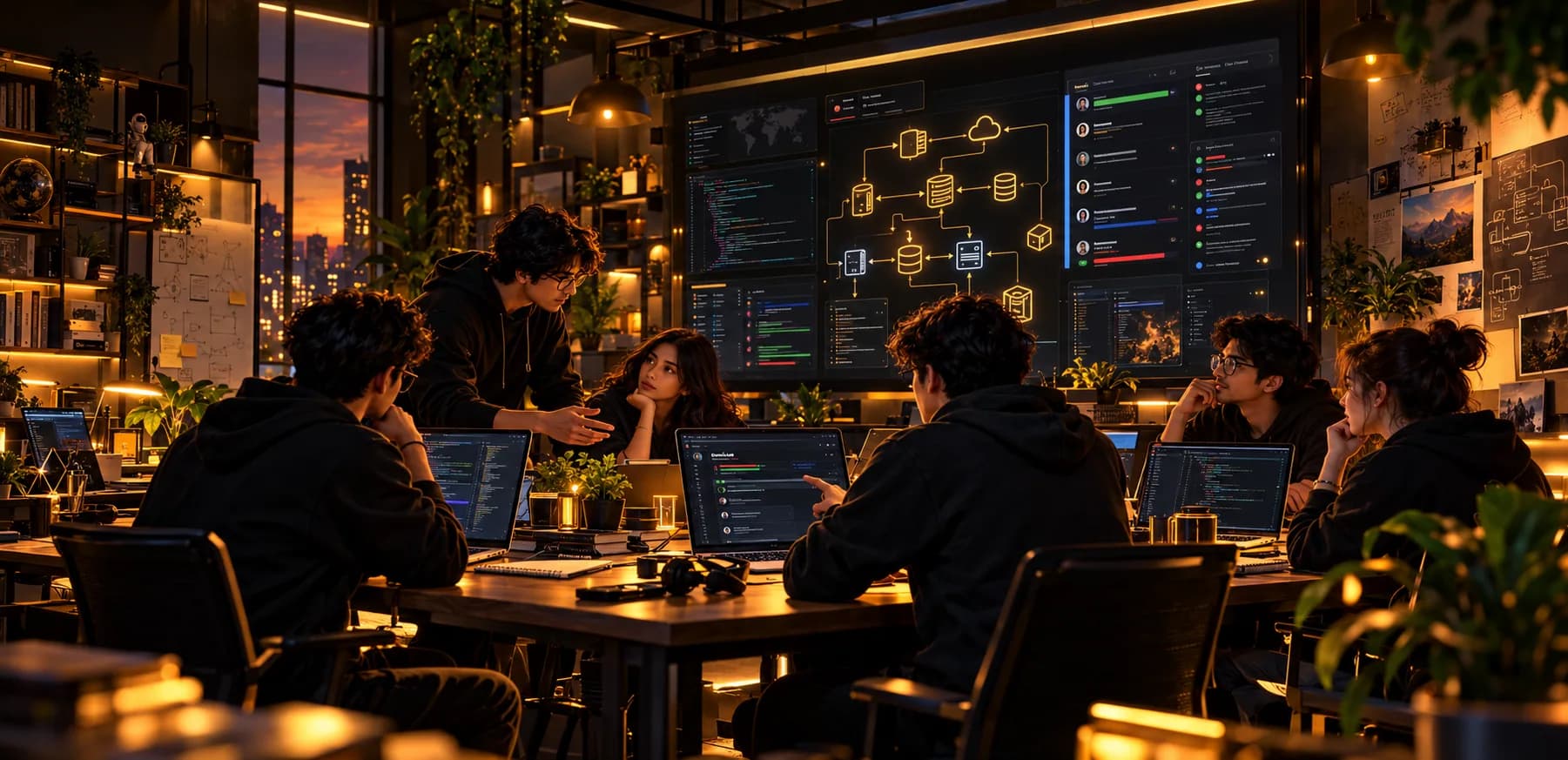 A team of developers reviewing a system diagram together