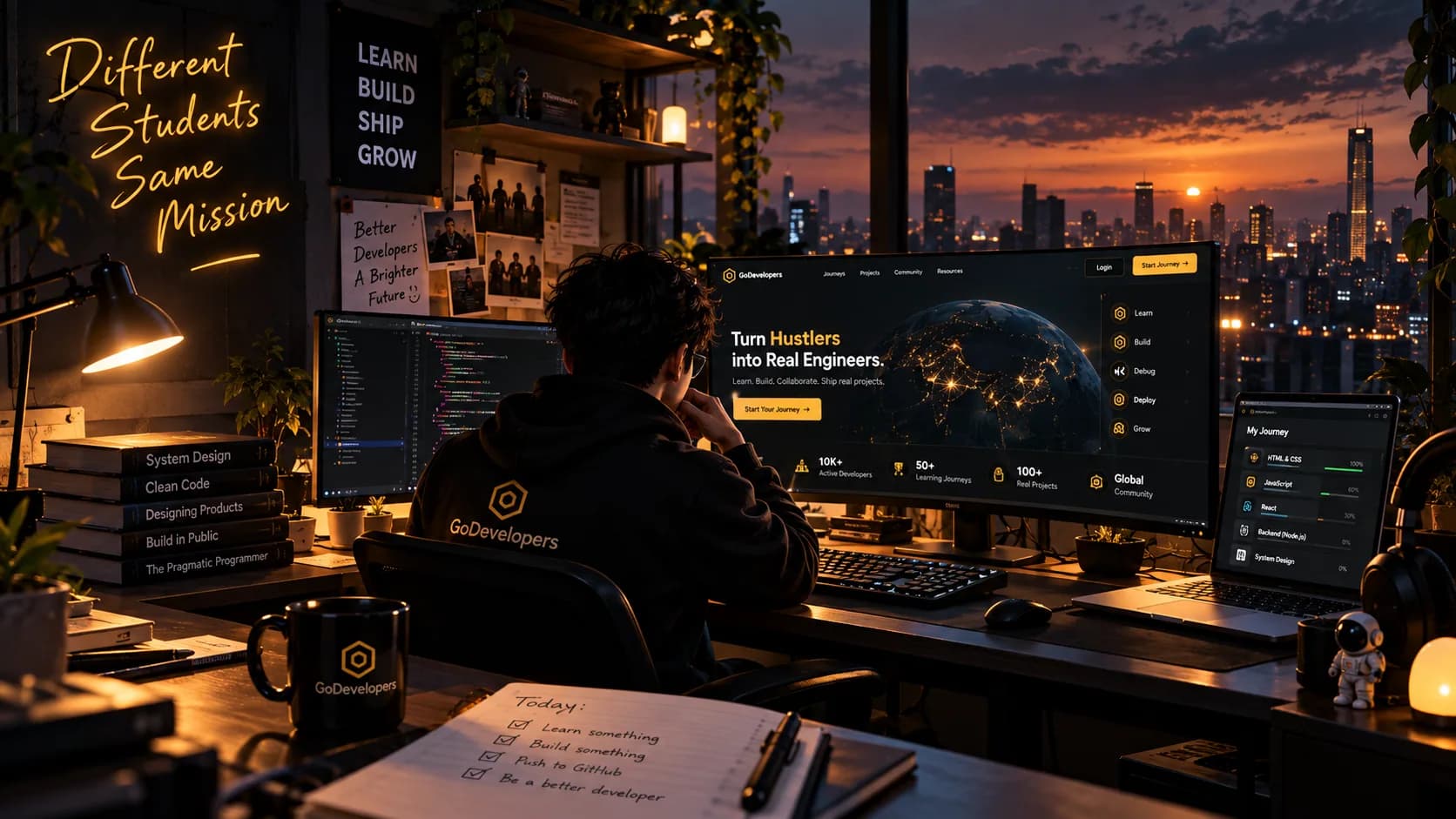 A GoDevelopers member at a night-time desk under the words “Different students, same mission”, with a GoDevelopers mug and checklist