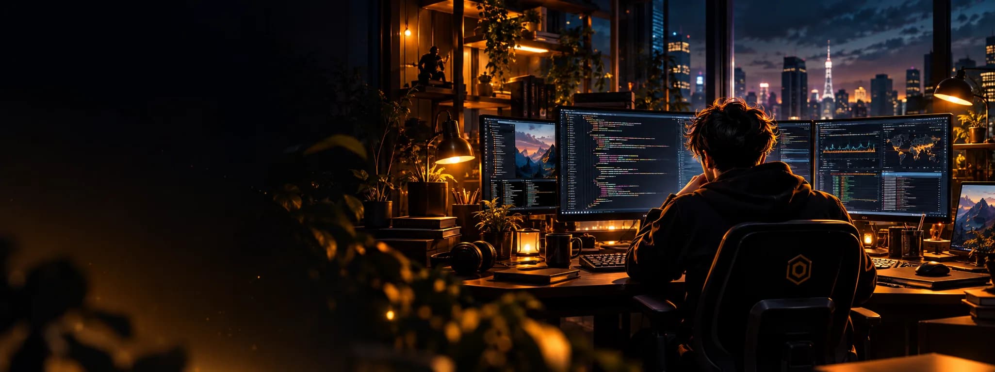 A developer working late at a triple-monitor setup overlooking the city