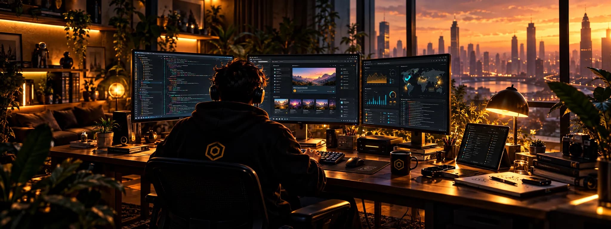 A developer at sunset in front of dashboards showing a live product
